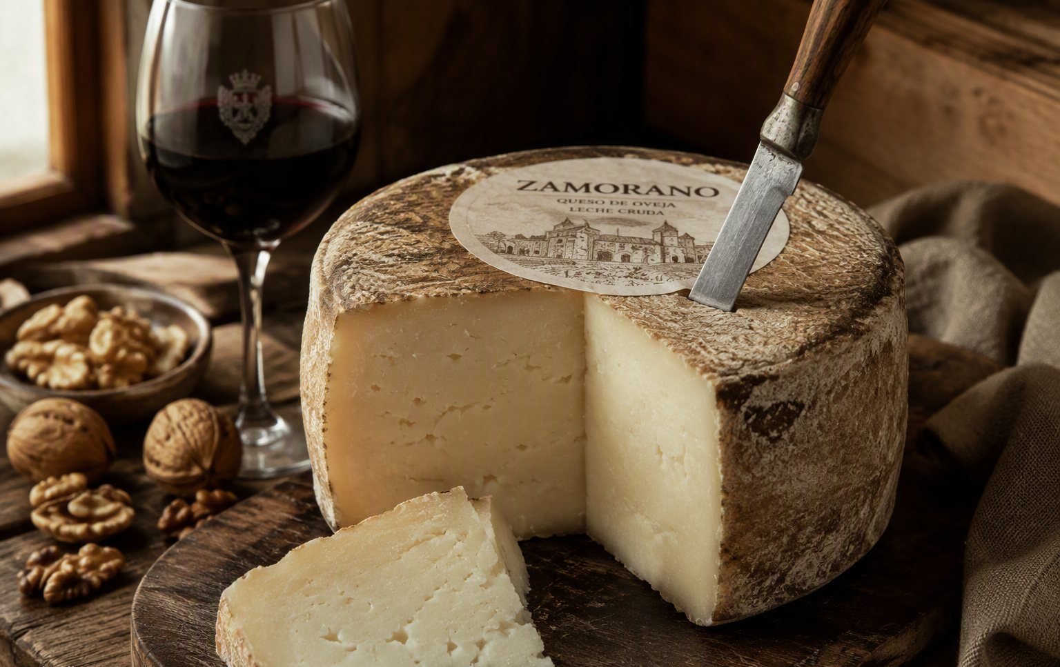 Wedge of Zamorano cheese with a glass of Toro red wine