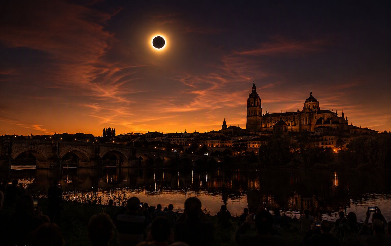 Total solar eclipse over the silhouette of Zamora