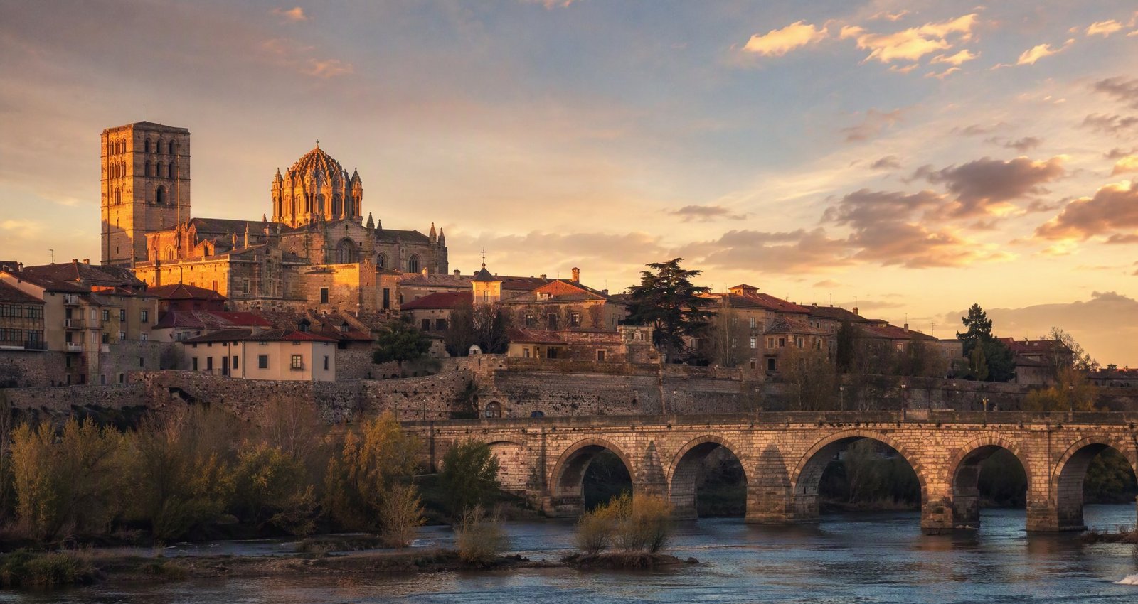 Zamora cathedral and stone bridge at sunset, eclipse day setting