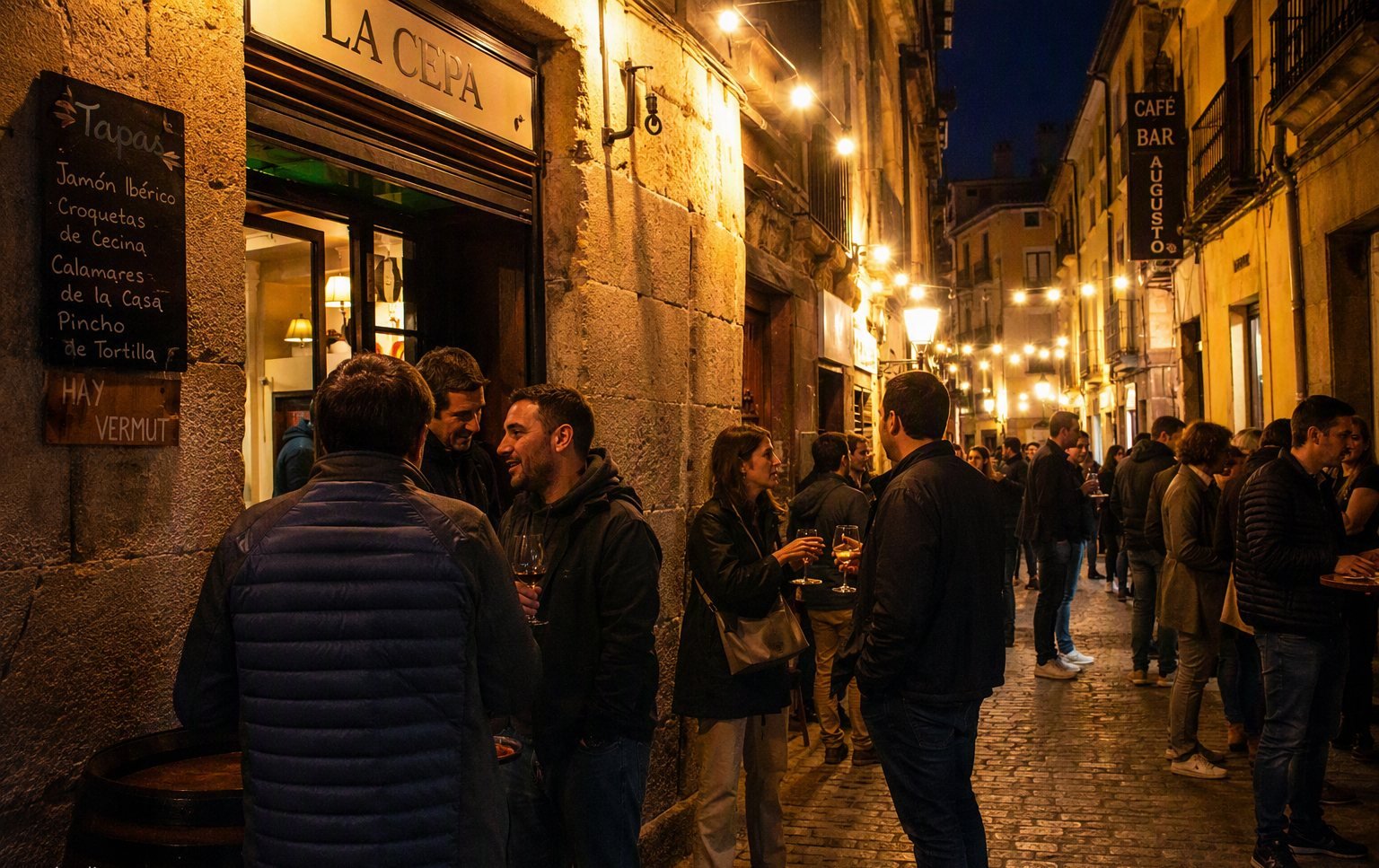 Tapas street in Zamora at night, full of locals