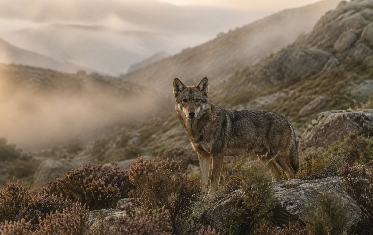 Iberian wolf in the mist of Sierra de la Culebra
